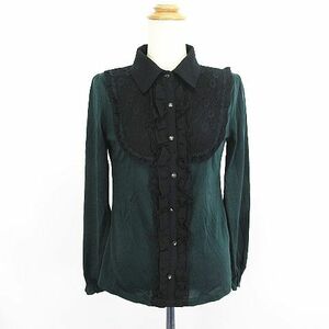  axes femme cut and sewn long sleeve collar attaching pull over half button frill race M dark green × black *EKM lady's 