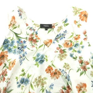 セオリー 美品 FLOWER PRINT TOP フラワー プリント Vネックノースリーブ ブラウス 総柄 薄手 Sサイズ アイボリー ■052 レディースの画像3