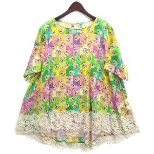 未使用品 フランシュリッペ franche lippee 花束 リネン チュニック ブラウス うさぎ ブーケ レース ヘム 半袖 イエロー 黄 M レディース