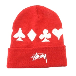 ステューシー STUSSY 美品 ビーニー ニット帽 帽子 トランプ柄 ロゴ アクリル O/Sサイズ 赤 レッド メンズ