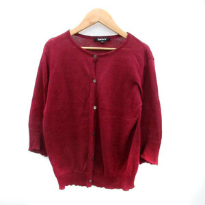  Donna Karan New York DKNY knitted cardigan round neck 7 minute sleeve plain linenP bordeaux /HO43 #MO lady's 