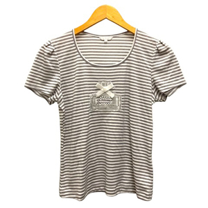 トゥービーシック TO BE CHIC Tシャツ カットソー クルーネック ボーダー スパンコール装飾 半袖 40 グレージュ 白 ホワイト レディース