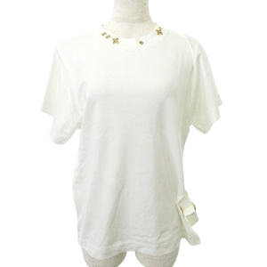 ルイヴィトン LOUIS VUITTON Tシャツ RW191W 半袖 金ビジュー スリット ベルト付き クルーネック 無地 薄手 XSサイズ 白 レディース