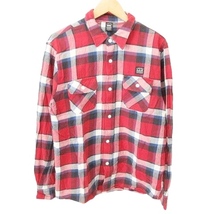 ラディアル RADIALL 美品 ネルシャツ チェック柄 長袖 ロゴ ラウンド ポケット コットン 厚手 XLサイズ 赤 レッド メンズ_画像1