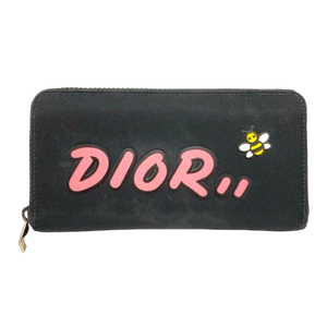 ディオール Dior カウズ KAWS 長財布 ラウンドファスナー ロゴ プリント 黒 ブラック ピンク メンズ