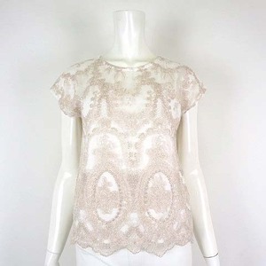  La Totalite La TOTALITE cut and sewn blouse front chu-ru lame floral print race embroidery ska LAP short sleeves M pink beige Gold 