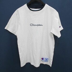 チャンピオン CHAMPION 半袖 Tシャツ カットソー M 白系 ホワイト ロゴ 文字 刺繍 ワッペン リブ 綿 コットン メンズ