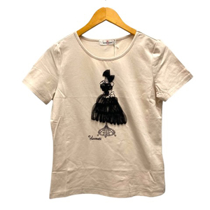 未使用品 ギャラリービスコンティ GALLERY VISCONTI カットソー Tシャツ クルーネック ストレッチ チュール 半袖 2 ベージュ レディース