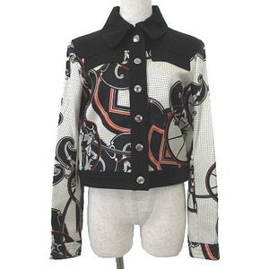 Гермес Гермес 19AW Canvas шелковая куртка Джорджа Wreston's Horse Macumer Serieobotan 36 S размер черно -белые дамы