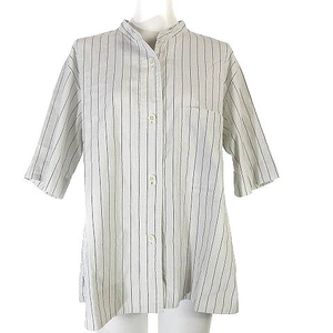 マーガレットハウエル MHL. 23SS COTTON RAMIE STRIPE シャツ ブラウス ストライプ 半袖 リネン混 バンドカラー オーバー ホワイト系 1