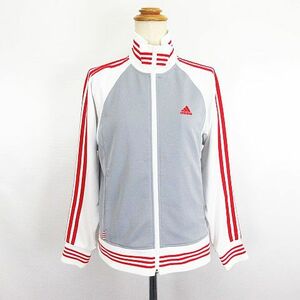 アディダス adidas ジャージ トラックジャケット 長袖 ジップアップ ライン ロゴ M グレー×ホワイト×レッド スポーツウェア ※EKM レディ