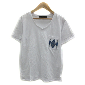 ヴァンスエクスチェンジ VENCE EXCHANGE Tシャツ カットソー 半袖 Vネック 刺繍 M マルチカラー 白 ホワイト /YS11 レディース