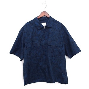 ジュンレッド JUNRed シャツ カジュアル ステンカラー ボタニカル柄 ジップアップ 半袖 L 青 ブルー /NT6 メンズ