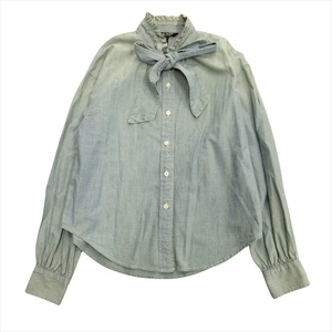  low Len Ralph Lauren LAUREN RALPH LAUREN car n blur - shirt blouse cut and sewn ribbon stand-up collar S blue blue lady's *