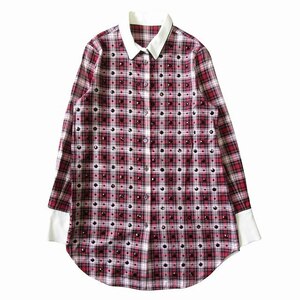 美品 17AW ヌメロヴェントゥーノ N°21 ビジュー チェック クレリック シャツ ブラウス カットソー 長袖 17A-G091-1023 サイズ38