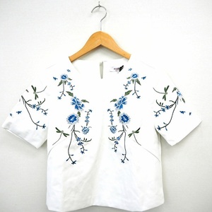  Morgan MORGAN cut and sewn blouse floral print embroidery fake leather ound-necked short sleeves 34 white blue white blue /TT lady's 