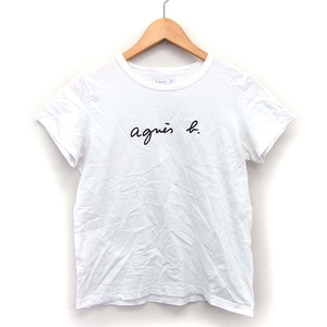 アニエスベー agnes b. Tシャツ カットソー ロゴ プリント 切替リブ 半袖 丸首 コットン 綿 2 ホワイト 白 /HT7 レディース