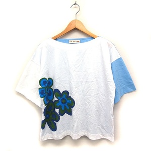 ユニクロ UNIQLO × マルニ MARNI フラワープリント カットソー Tシャツ 五分袖 ボートネック S ホワイト ライトブルー /FT26 レディース