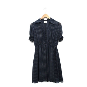  Dgrace DGRACE shirt One-piece long short sleeves V neck stripe dot navy navy blue /KT8 lady's 