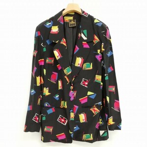  Fendi FENDI Vintage silk laperu color jacket blaser flag pattern total pattern beautiful goods 44 black multi lady's 