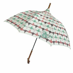 ヴィヴィアンウエストウッド Vivienne Westwood パゴタ アンブレラ 長傘 雨傘 ステッキ型 オーブ 総柄 グリーン 赤 茶 ブラウン オーロラ株の画像1