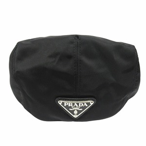 美品 プラダ PRADA トライアングル ロゴ ナイロン ハンチング 帽子 Re-Nylon キャップ ベレー帽 2HC224 三角ロゴ プレート L 黒