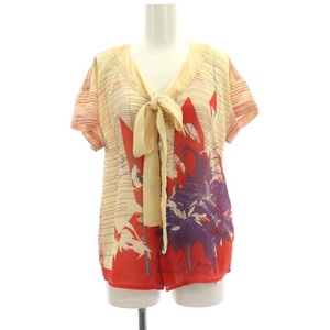  diesel DIESEL shirt blouse short sleeves front opening bow Thai total pattern XS beige red multicolor /NR lady's 