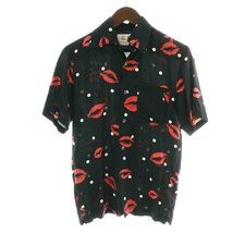 アロハブロッサム Aloha Blossom キス KISS アロハシャツ カジュアルシャツ 半袖 総柄 オープンカラー 水玉 ドット 唇 36 XS 黒 赤 白_画像1