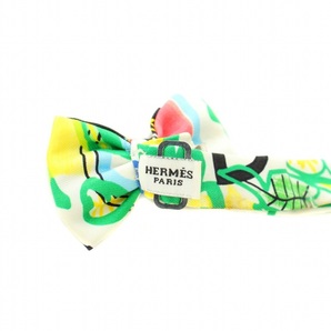 エルメス HERMES ヌーパピヨン NOEUD PAPILLON 蝶ネクタイ チョーカー 総柄 絹 シルク 白 ホワイト 緑 グリーン 青 ■OH レディースの画像4