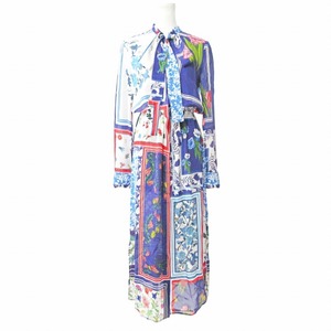  Escada ESCADA SPORT close year of model shirt One-piece long sleeve long height silk . chiffon floral print total pattern bow Thai blau Gin g blue 32 0403 IBO