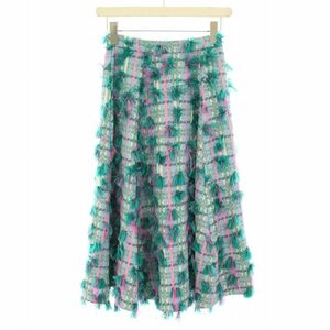  my Strada Mystrada fringe flair skirt long maxi check pattern tweed 34 XS green green pink /YT lady's 