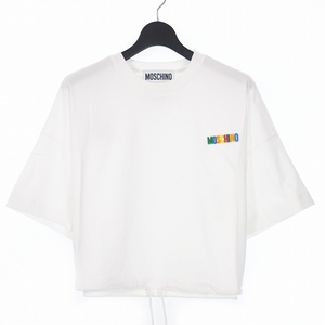 未使用品 モスキーノ MOSCHINO 20SS 裾ドローストリング マルチ ロゴ ショート丈 Tシャツ 半袖 カットソー 40 ホワイト 白