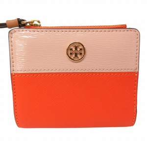 トリーバーチ TORY BURCH 美品 二つ折り財布 コンパクトウォレット ロゴ バイカラー ロゴ レザー 小銭入れ オレンジ ピンク系 0413 ■023