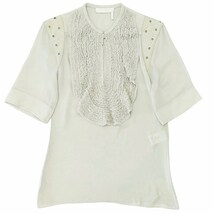 クロエ CHLOE レースフリルブラウス シャツ 半袖 シフォン ハトメ ブルー グレー系 34 Sサイズ相当 0414 レディース_画像1