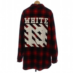 オフホワイト OFF WHITE 14AW 13 LOGO FLANNEL SHIRT フランネルシャツ ナンバリングチェックシャツ 長袖 ロゴ ロング ウール M 赤 黒