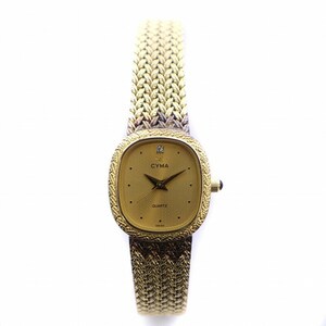  Cima CYMA wristwatch watch analogue quartz 3 hands stone attaching 1P square junk Gold color /KW #GY11 lady's 