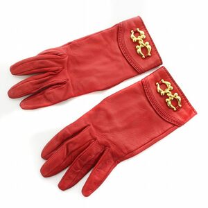 エルメス HERMES フランス製 手袋 グローブ レザー ゴールド金具 6 1/2 6.5 赤 レッド ■GY18 /MW ■OH レディース
