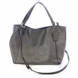 コーチ COACH Edie 28 イーディー ハンドバッグ ショルダー 2WAY ロゴ メタリックレザー 黒 ブラック グレー 36101 /AQ ■GY18