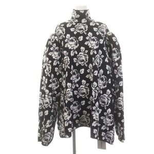 バレンシアガ BALENCIAGA フローラル ジャカード セーター ニット ポンチョ 長袖 プルオーバー 肩パット ウール M 黒 ブラック 白 ホワイト