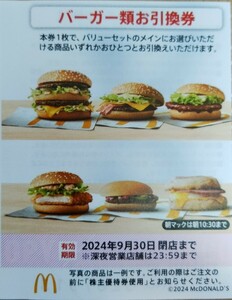 マクドナルド　株主優待券　バーガー類お引換券　6枚