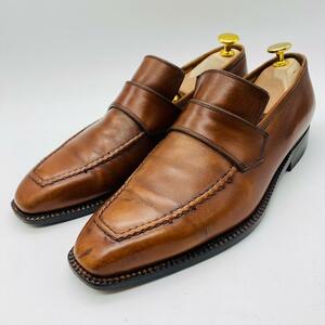 【希少】ENZO BONAFE エンツォボナフェ スクエアトゥ ハーフサドル ローファー 茶 ブラウン 6.5 25.5cm ドレス ビジネスシューズ 革靴