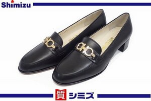 【Salvatore Ferragamo】ほぼ未使用品 サルヴァトーレ フェラガモ ガンチーニ パンプス 7 D ブラック×ゴールド レザー ◆質屋 質シミズ