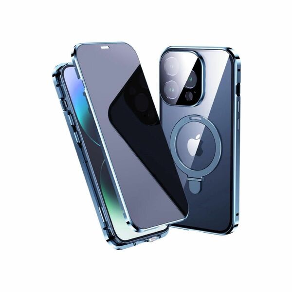 覗き見防止 iPhone15Pro ケース MagSafe対応 全面カバー リング付きスタンド機能 (15Pro, ダークブルー)