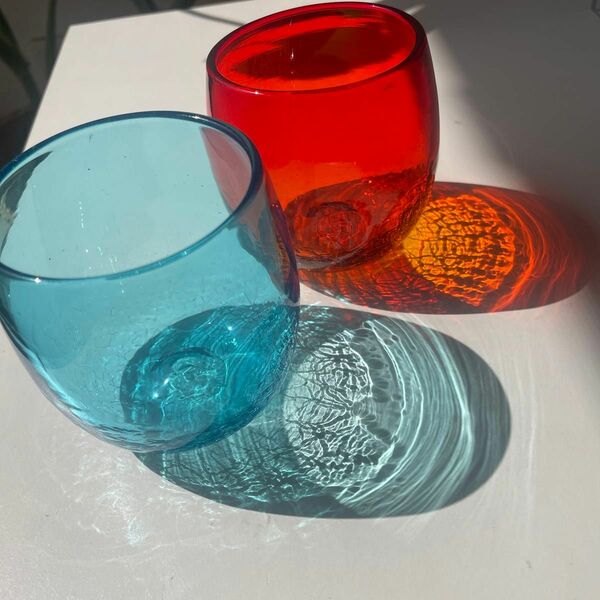 琉球ガラス　吹樽型ペアグラス　オレンジ・スカイブルー　 ロックグラス