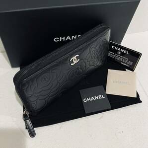 CHANEL ★ 極上美品 シャネル レザー カメリア 長財布 ブラック 黒 ラウンドファスナー ラウンドファスナー長財布 の画像2