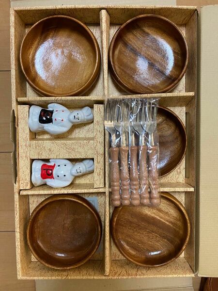 サラダボウルセット 山中漆器　5客用　フォーク5本、陶磁器調味料入れ2個