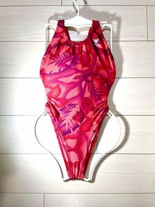 27 TYR女子競泳水着M★光沢ピンク赤レッドオレンジボタニカルグラフィック柄★ハイレグオープンバック