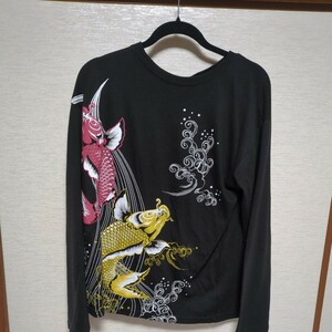 美品　長袖　3Ｌ　立体プリント　Tシャツ　カットソー　黒　昇鯉　鯉　