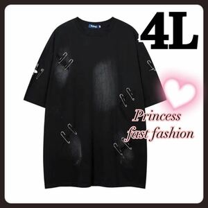 【4L】地雷系 安全ピン クラッシュ加工 半袖Tシャツ レディース メンズ モード系 V系 サブカル インスタ映え 大きいサイズ