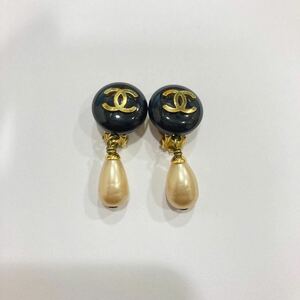 1円〜 保管品 美品 CHANEL シャネル イヤリング ココマーク フェイクパール ディアドロップ ゴールド ブラック 94A ヴィンテージ